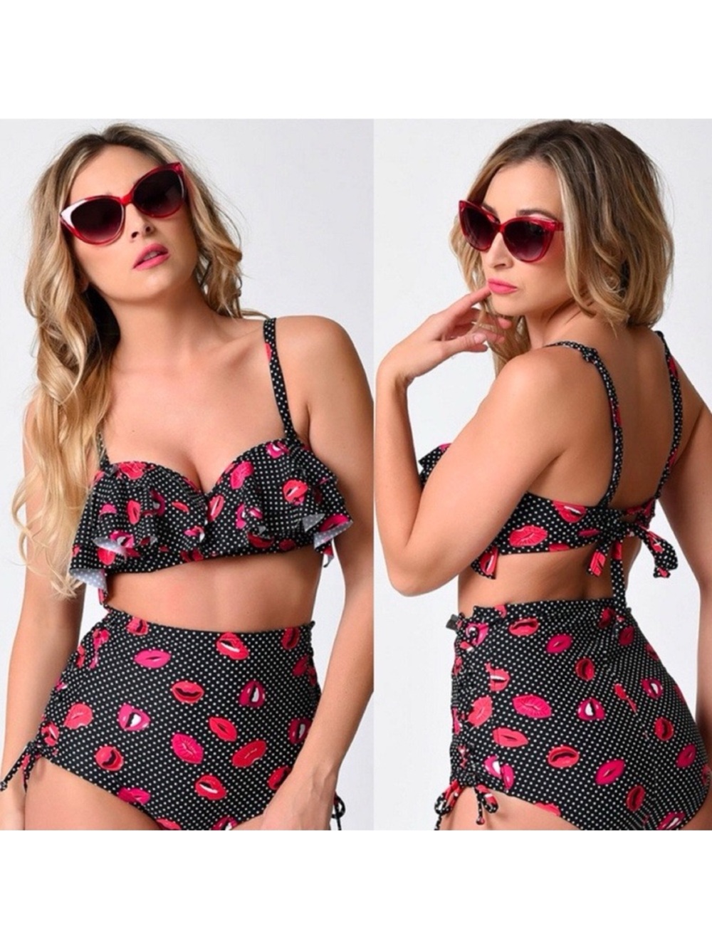 Unique Vintage • bikini swimsuit black polkadot lip print high waisted two piece